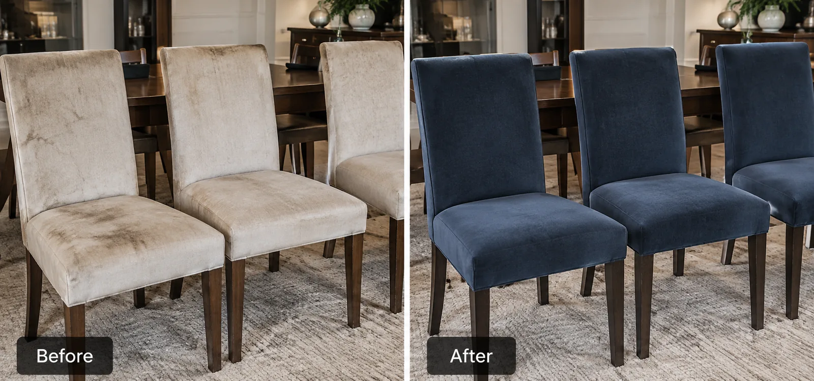 Dining chairs before and after reupholstery