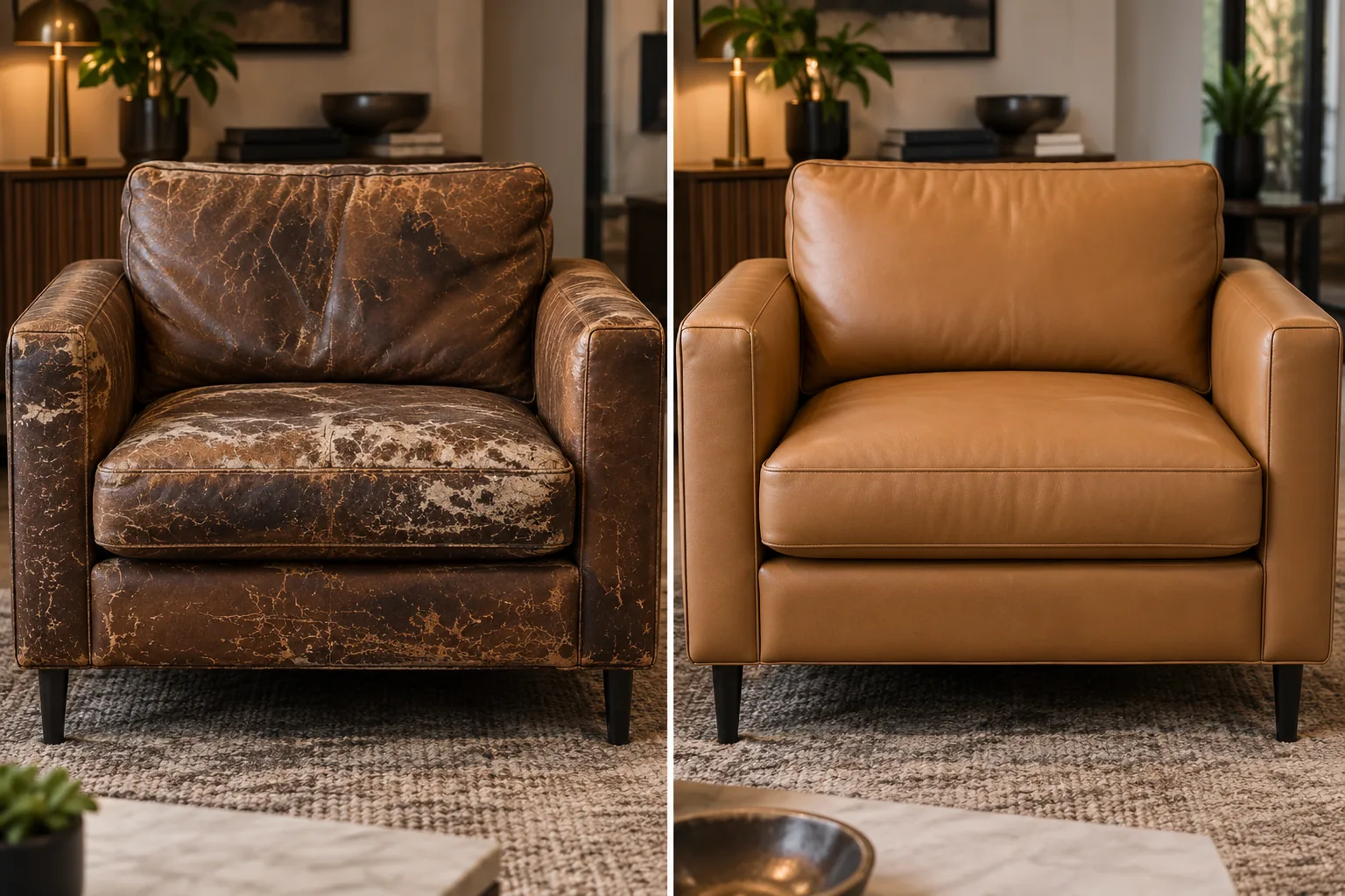 Armchair recovered in tan leather, before and after