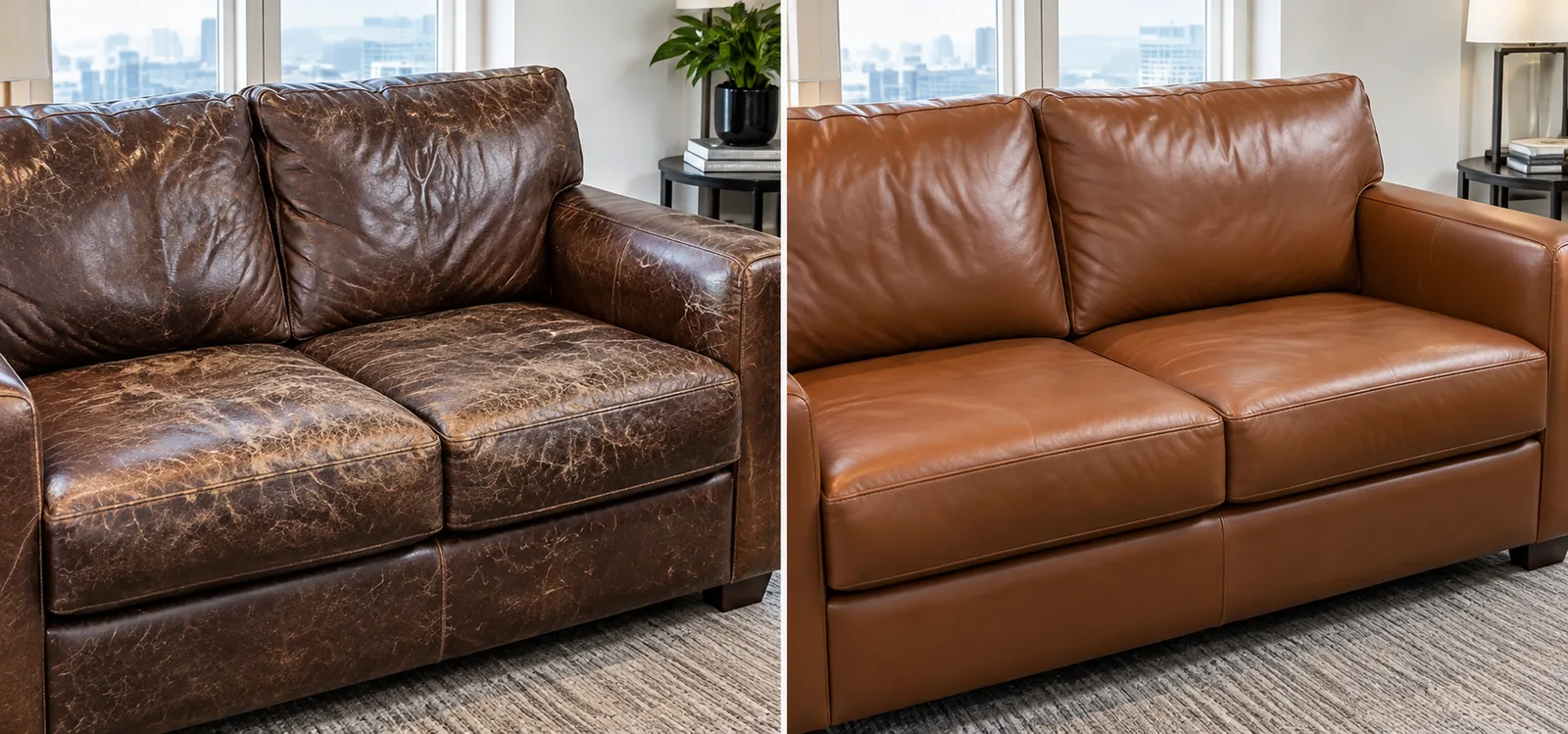 Cognac leather loveseat before and after