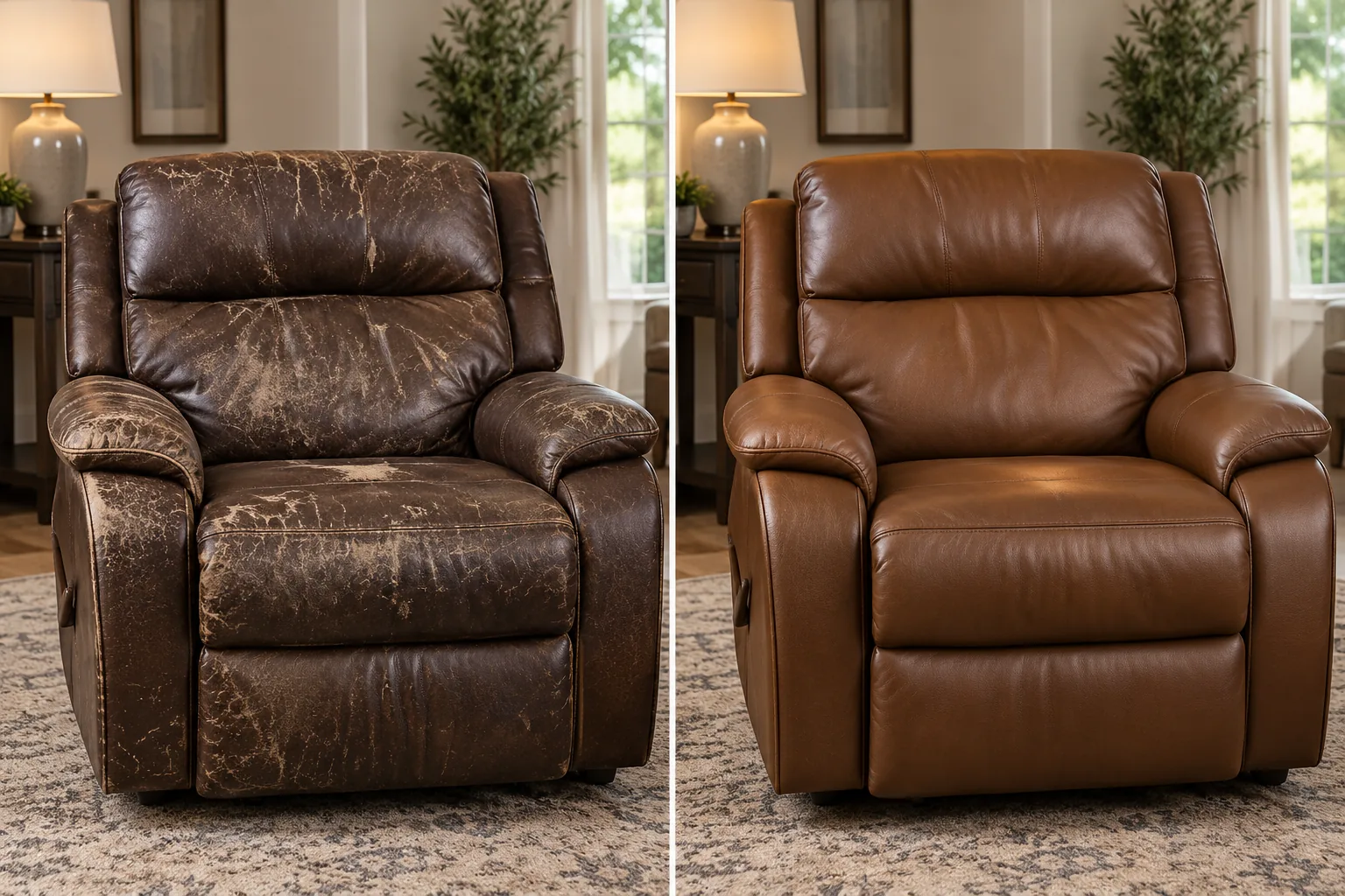 Recliner recovered in tan leather, before and after