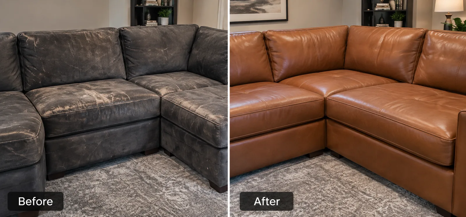 Worn sectional recovered in cognac leather, before and after