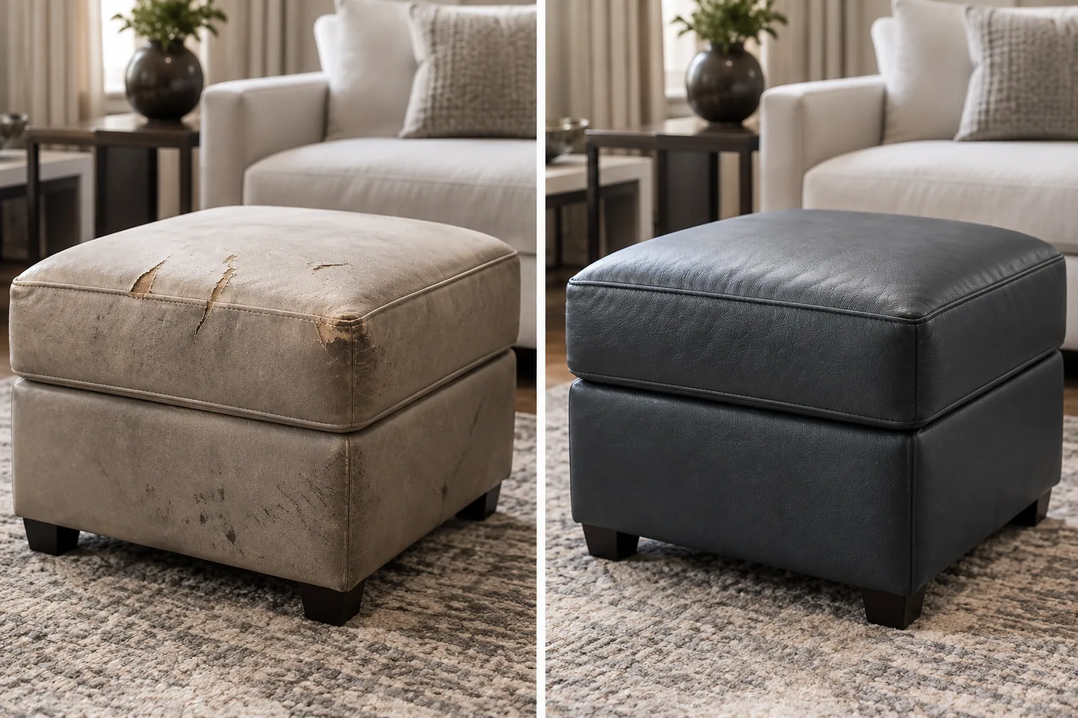 Ottoman recovered in black leather, before and after