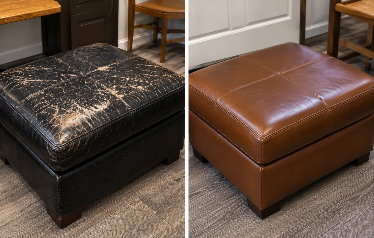 Cracked black ottoman recovered in tan leather