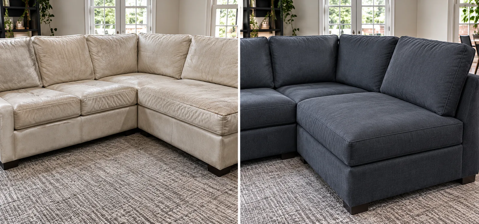 Pale sectional recovered in navy fabric