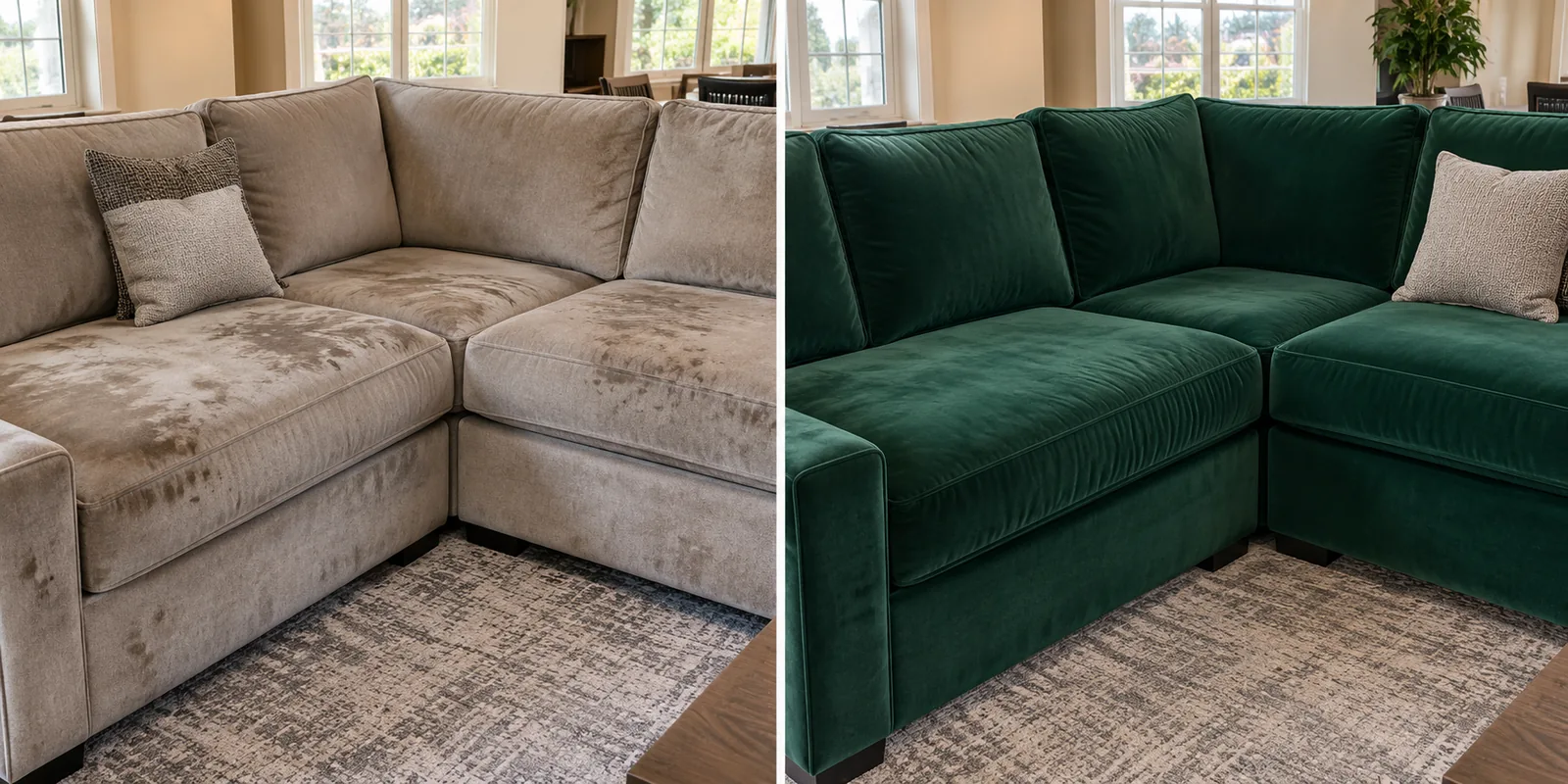Grey sectional recovered in emerald velvet