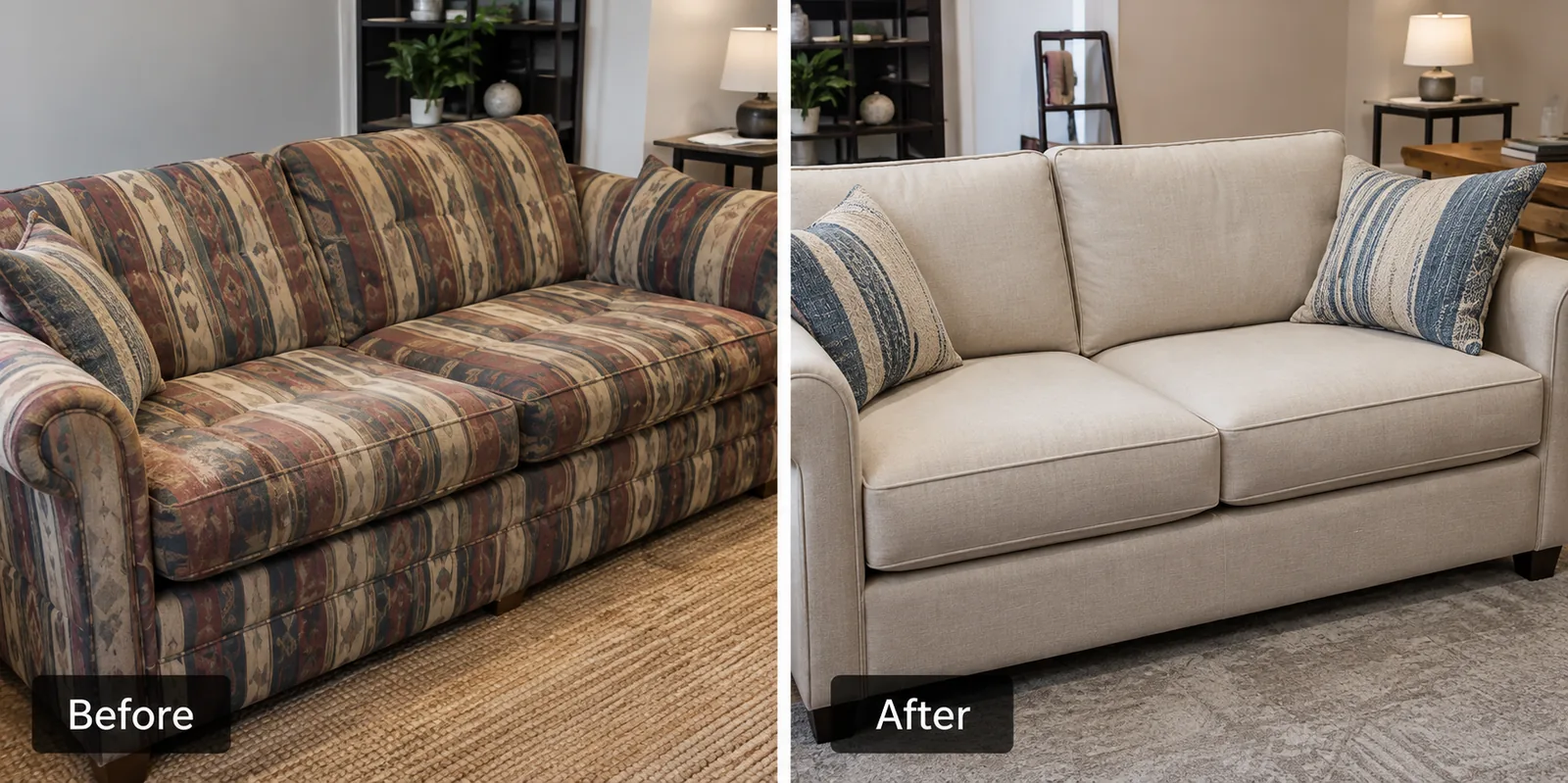 Striped sofa recovered in cream fabric