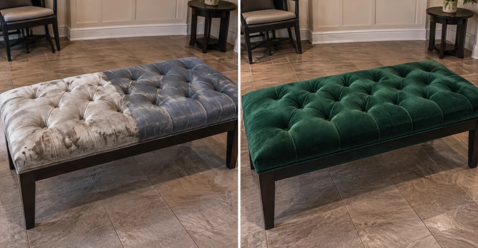 Tufted bench recovered in emerald velvet