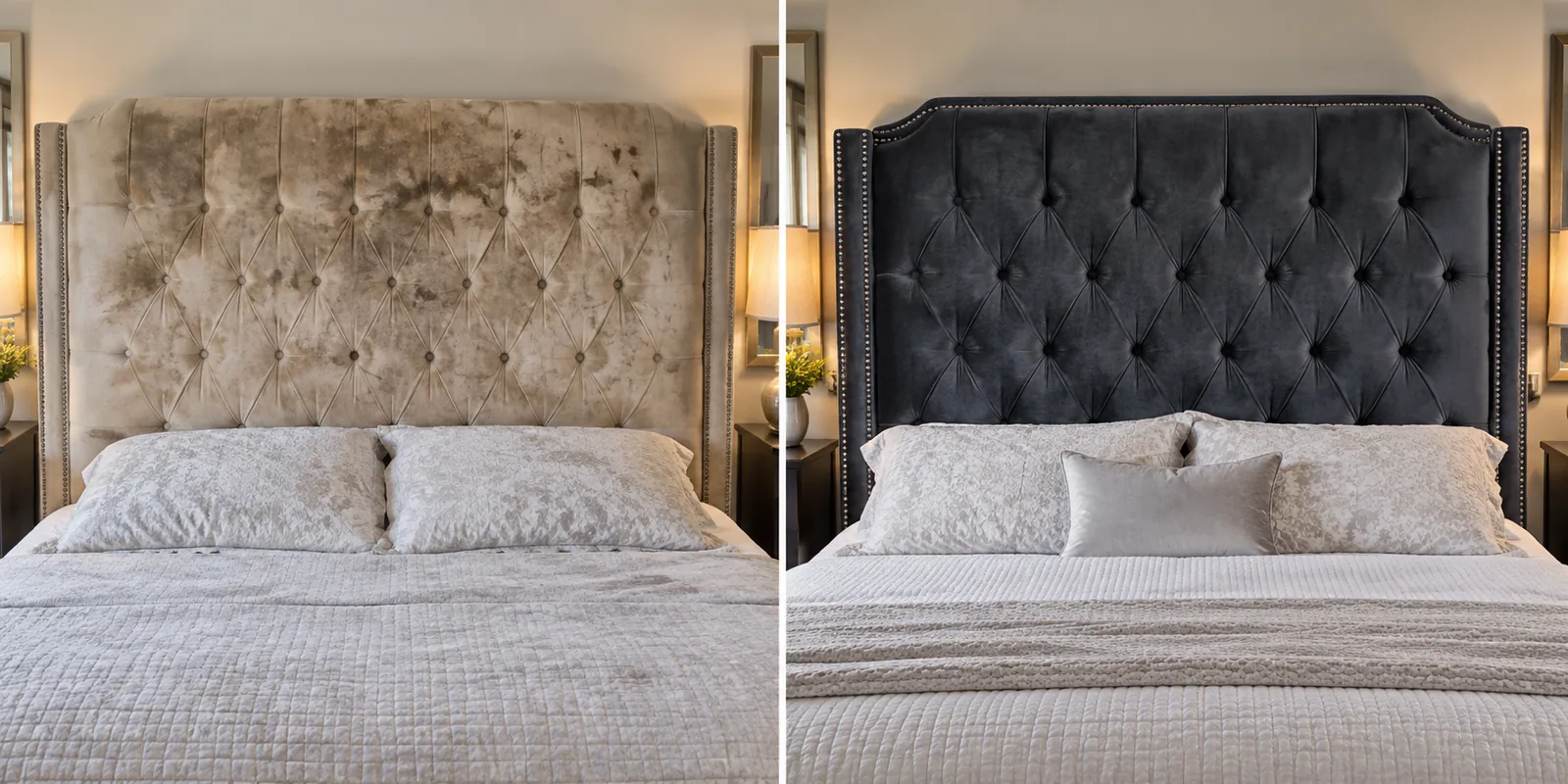 Tufted headboard before and after reupholstery