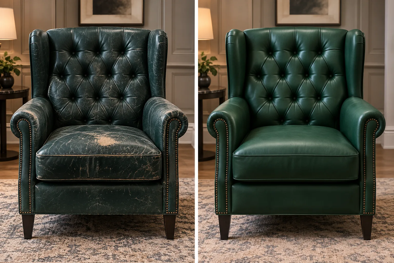 Tufted wing chair recovered in green leather, before and after