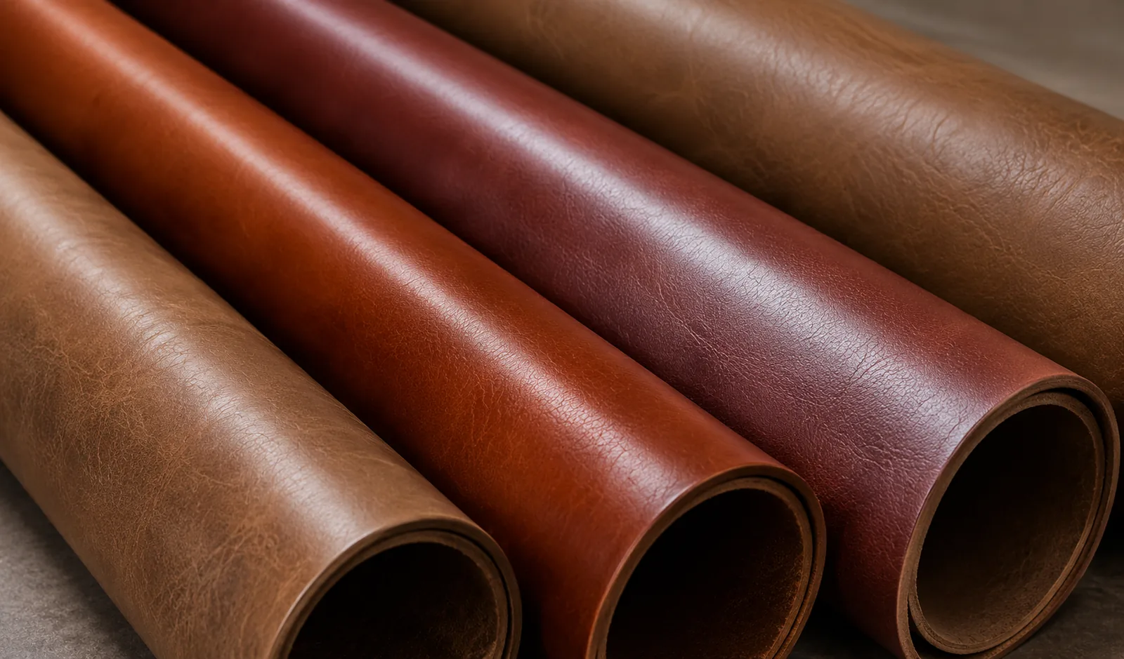 Rolls of upholstery leather in brown tones