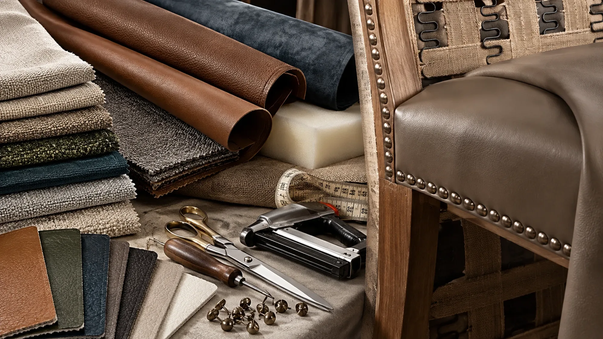 Fabric, leather and tools beside a chair frame