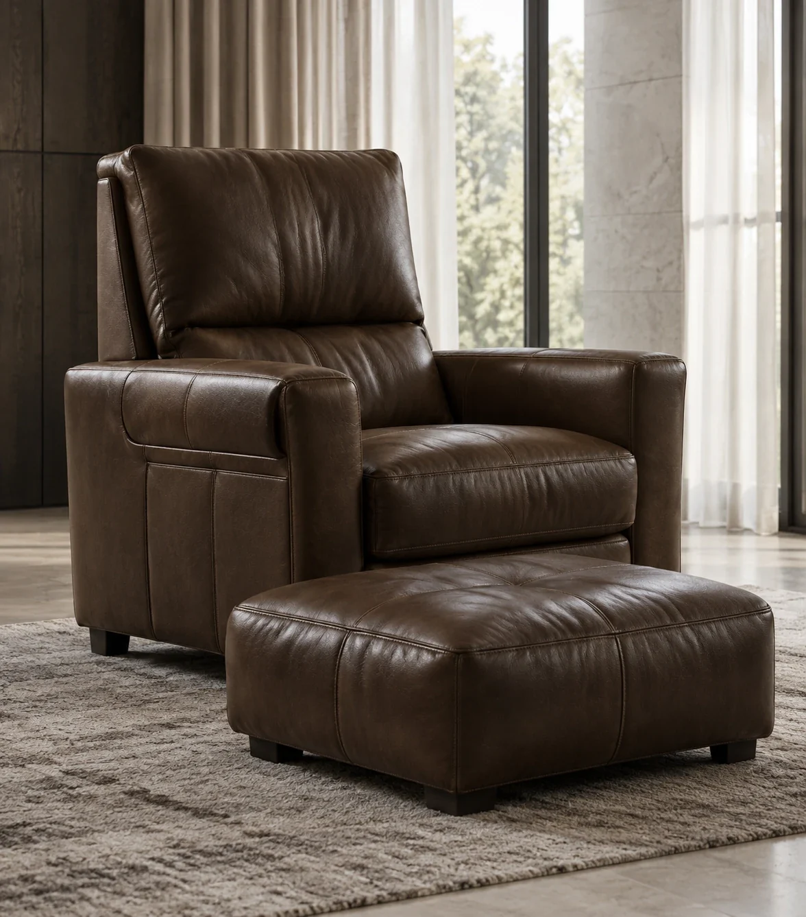 Brown leather recliner with matching ottoman
