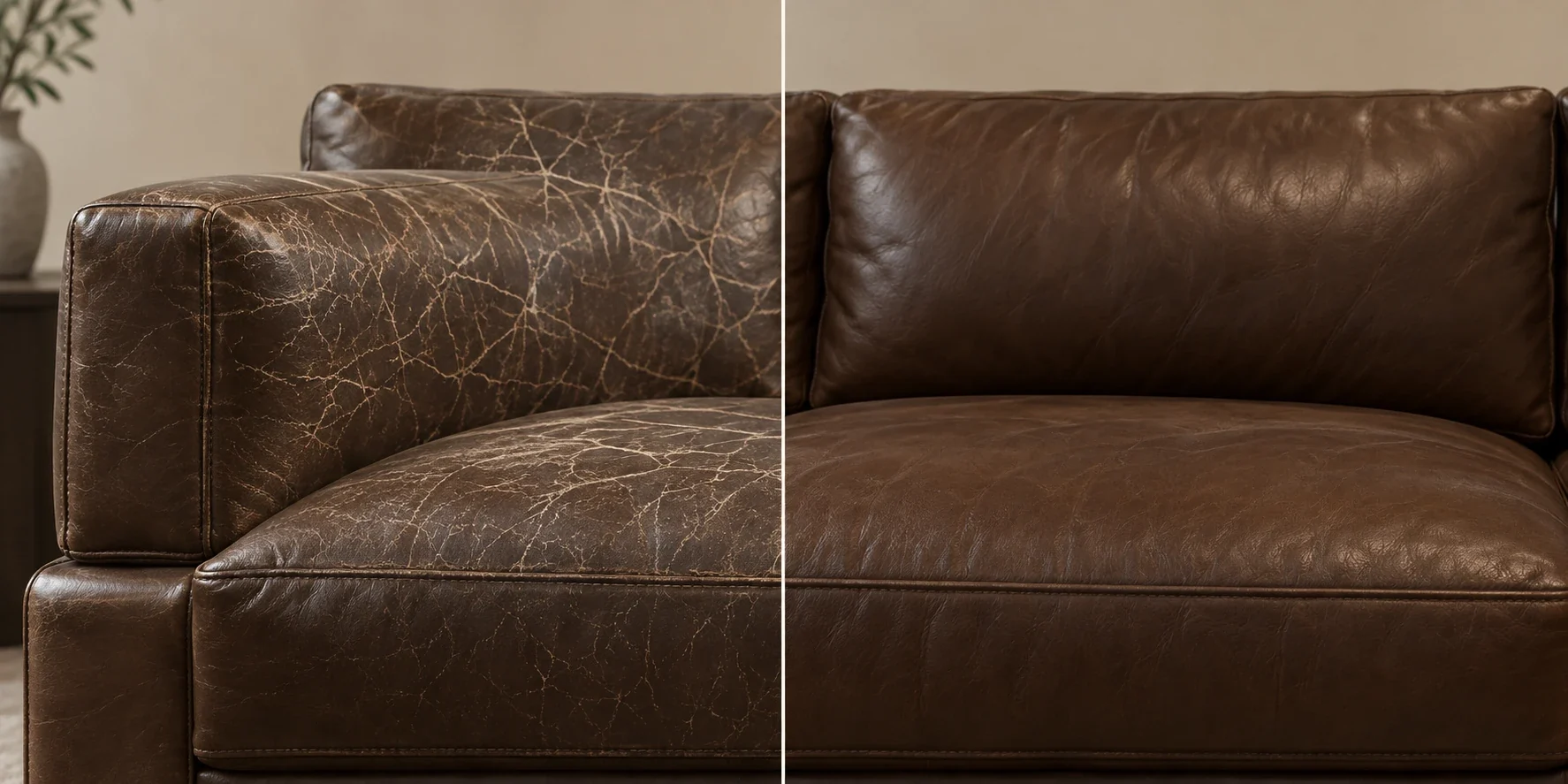 Restoration Hardware leather sofa repair before and after: a cracked brown seat and back cushion restored to an even, supple finish