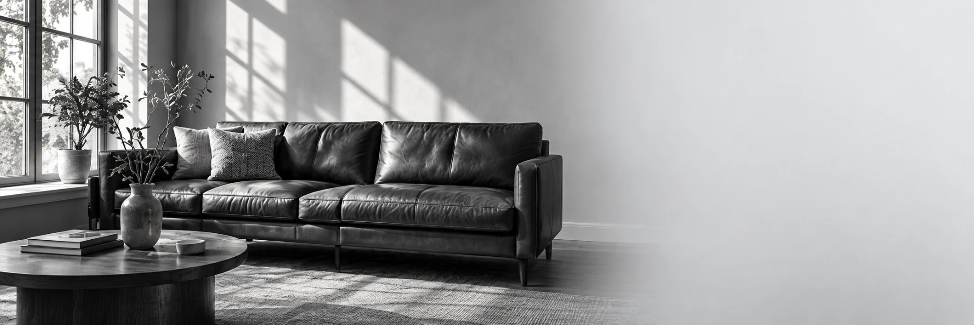 Black and white photograph of a long low leather sofa in a loft with tall windows