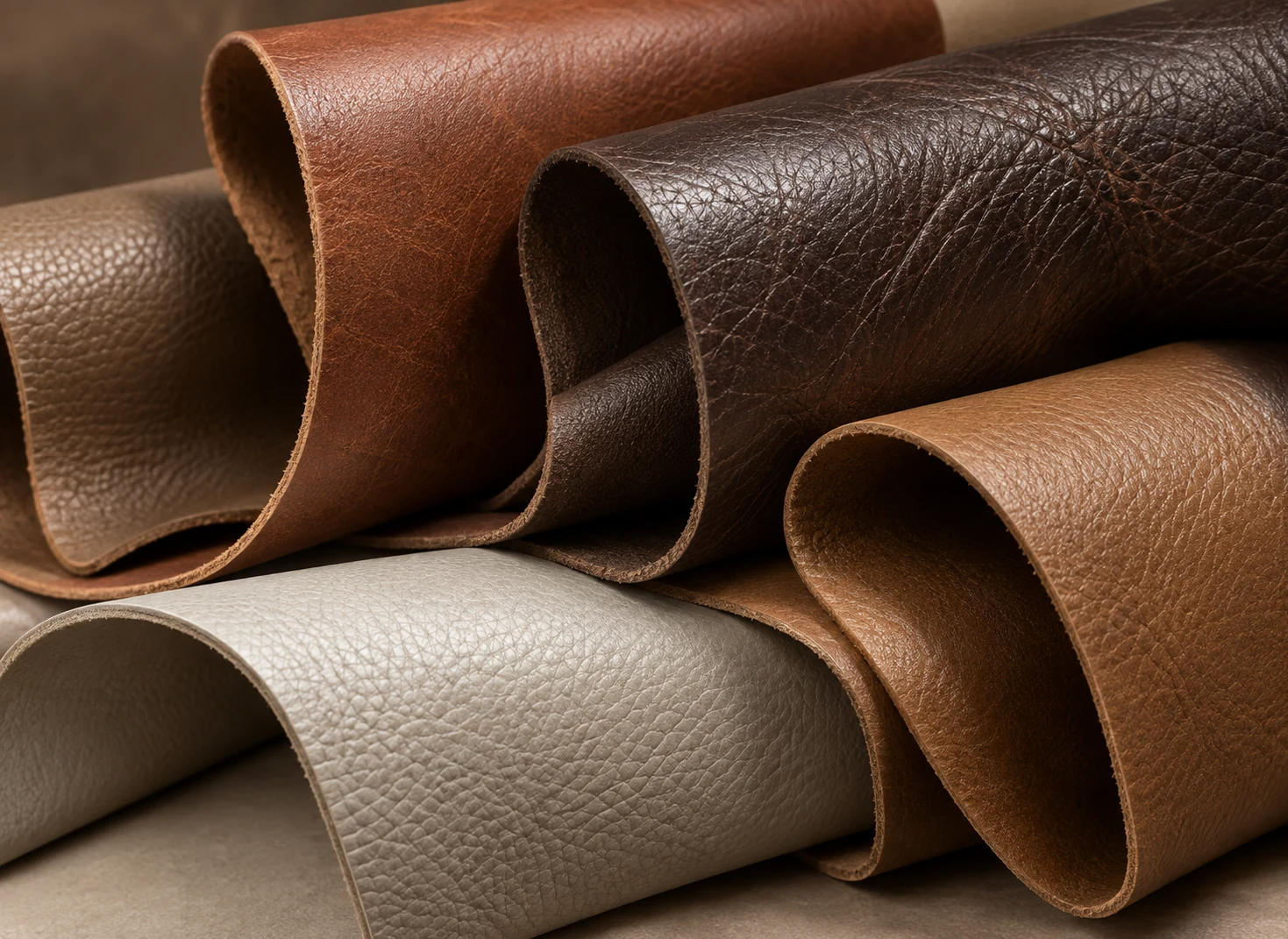 Rolled leather hide swatches in brown, cognac and cream, each showing a different natural grain