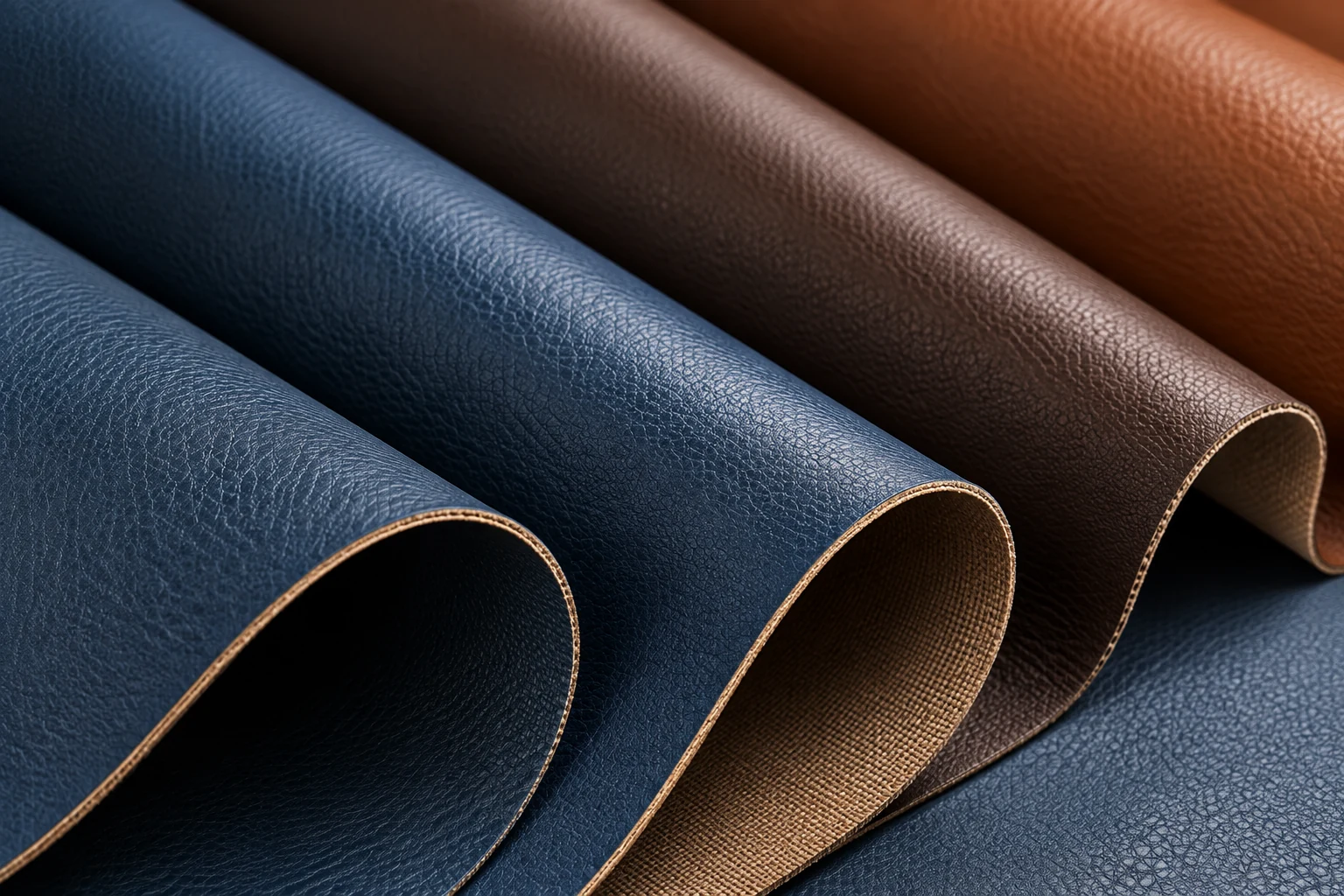 Rolled navy and brown upholstery vinyl swatches with a uniform embossed grain and a woven backing visible at the cut edge