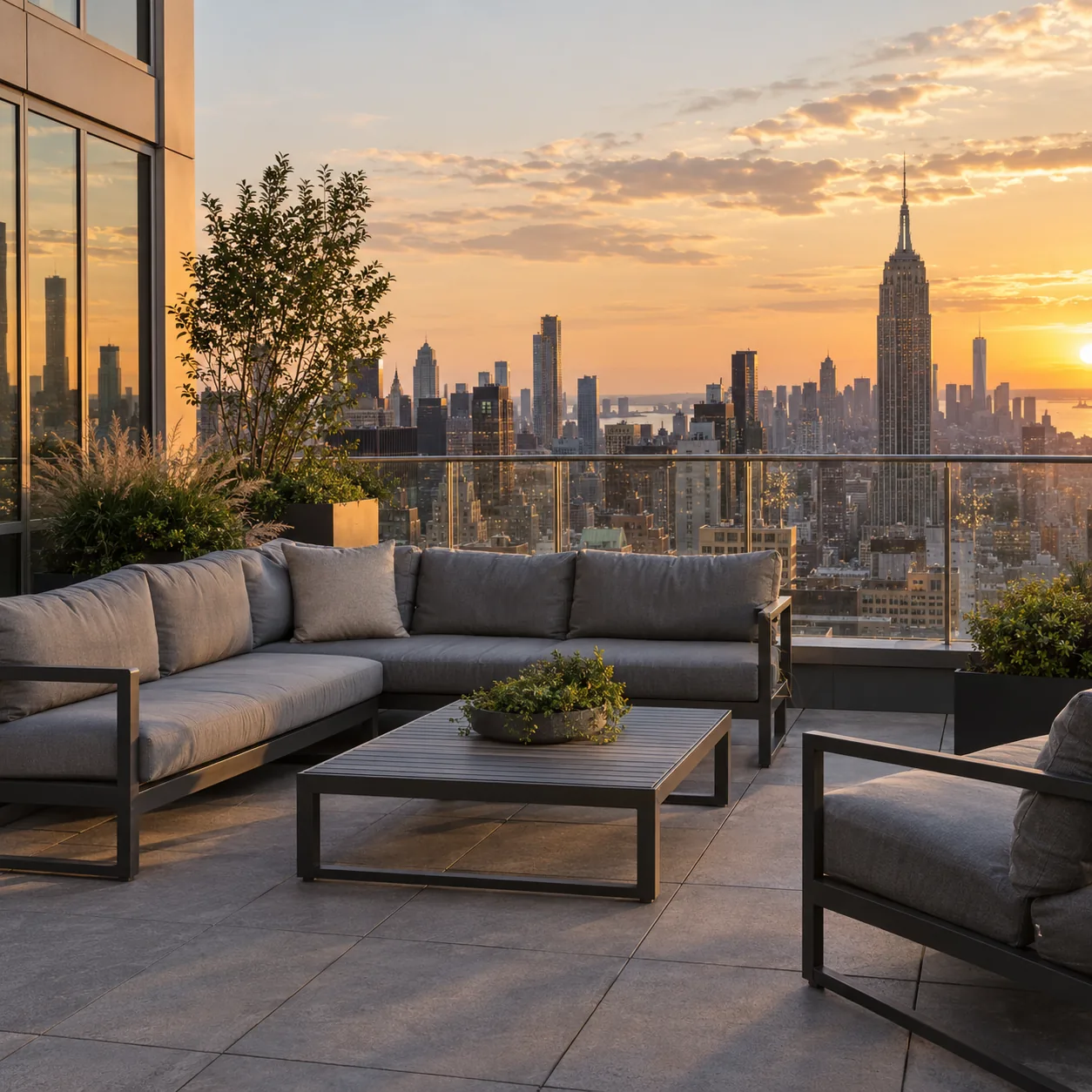 Grey outdoor cushions on a roof deck at golden hour