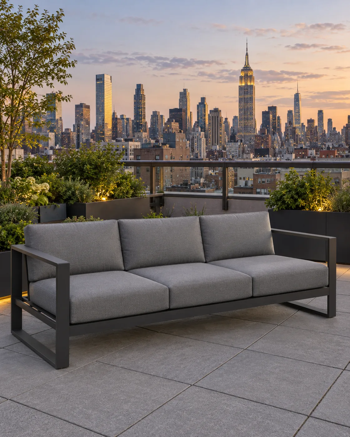 Outdoor roof-deck seating with cushions above the city
