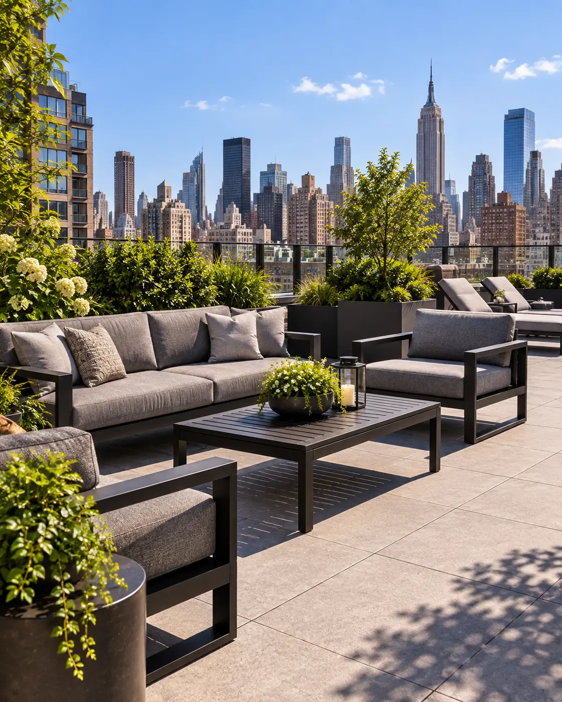 Grey outdoor cushions out on roof deck frames in summer sun