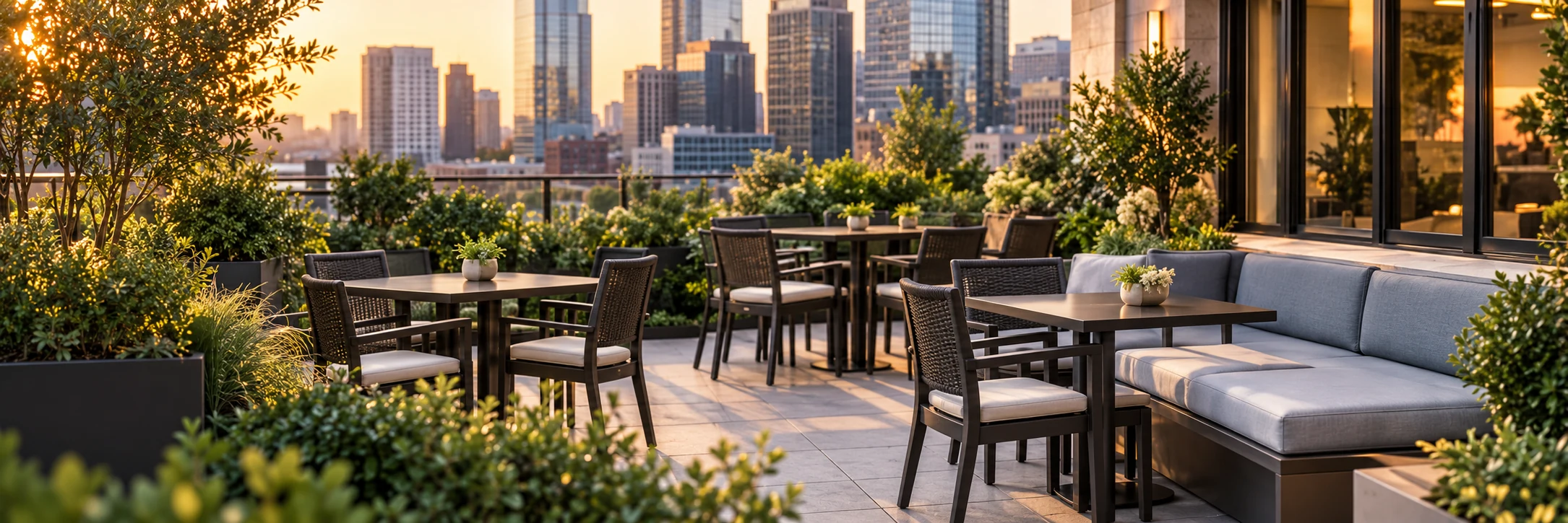 Rooftop terrace banquette seating at sunset
