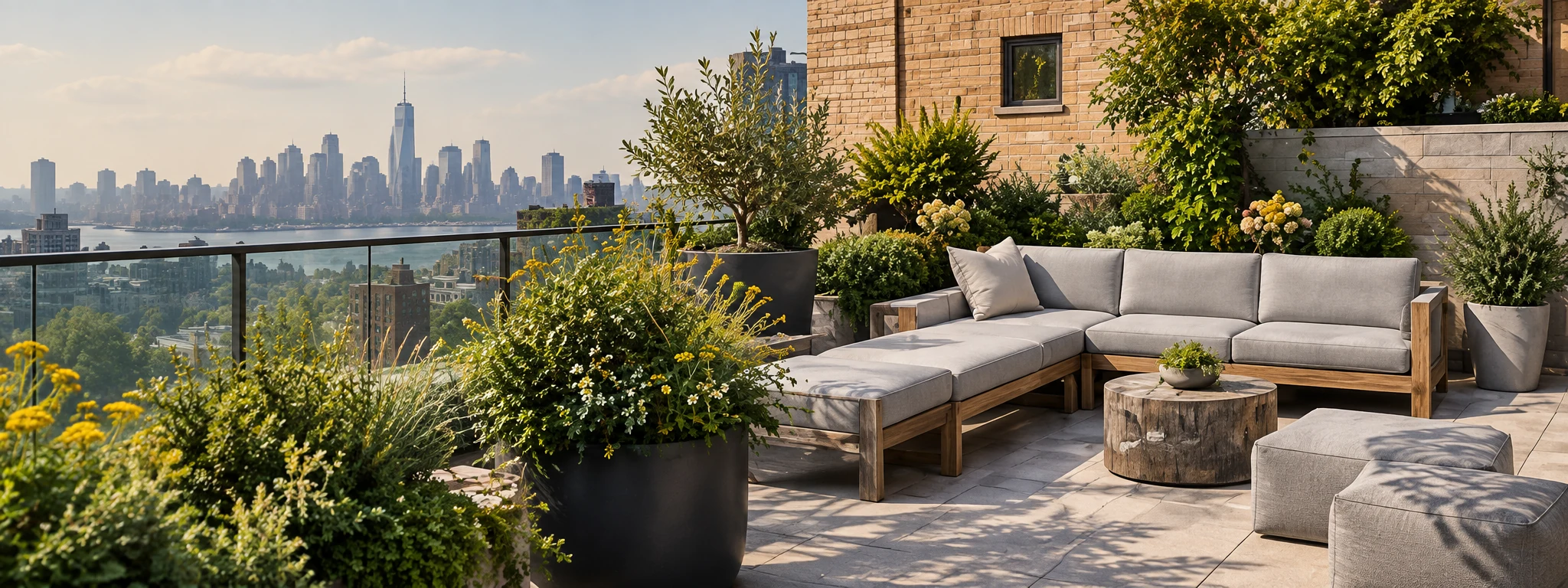 Wide view of a rooftop terrace sectional with pale cushions against the skyline