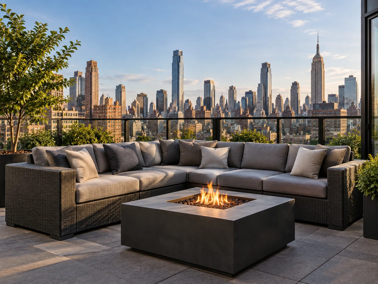 A rooftop terrace sectional beside a fire table with the skyline behind