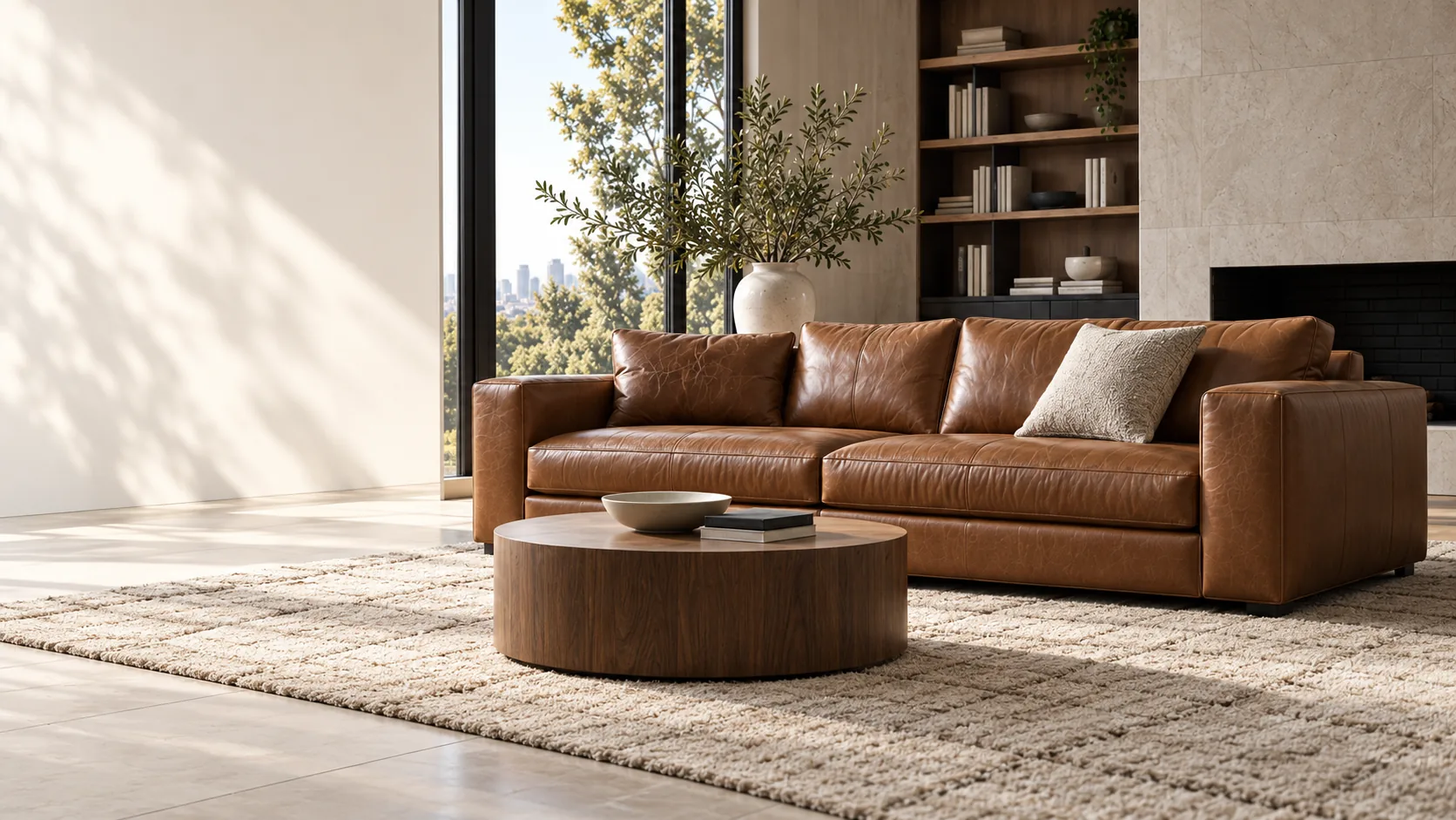 Room & Board leather repair — cream leather sectional in a sunlit modern living room