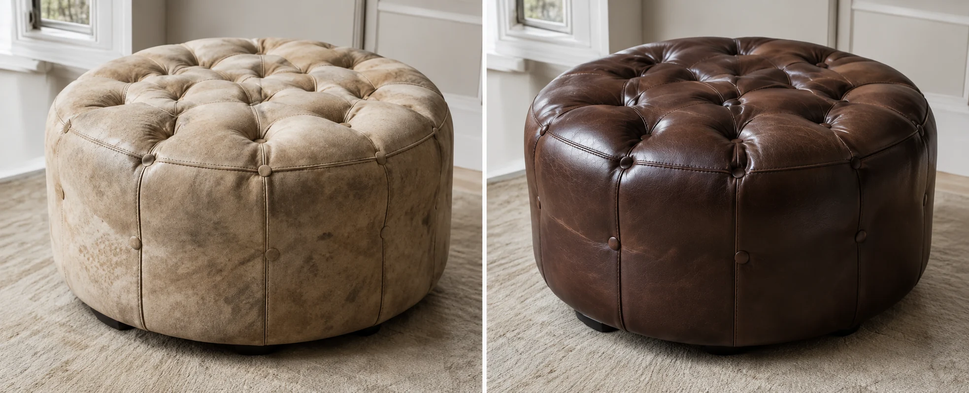 A round tufted ottoman before and after being recoloured all over