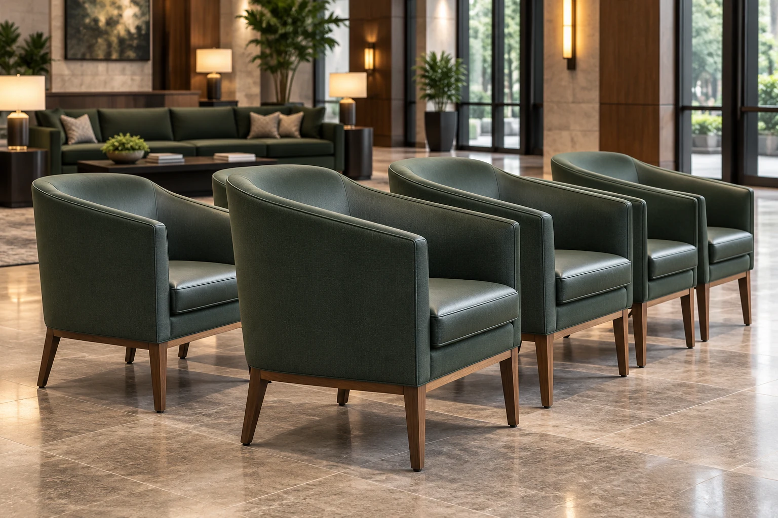 A row of matching green leather lobby chairs photographed together