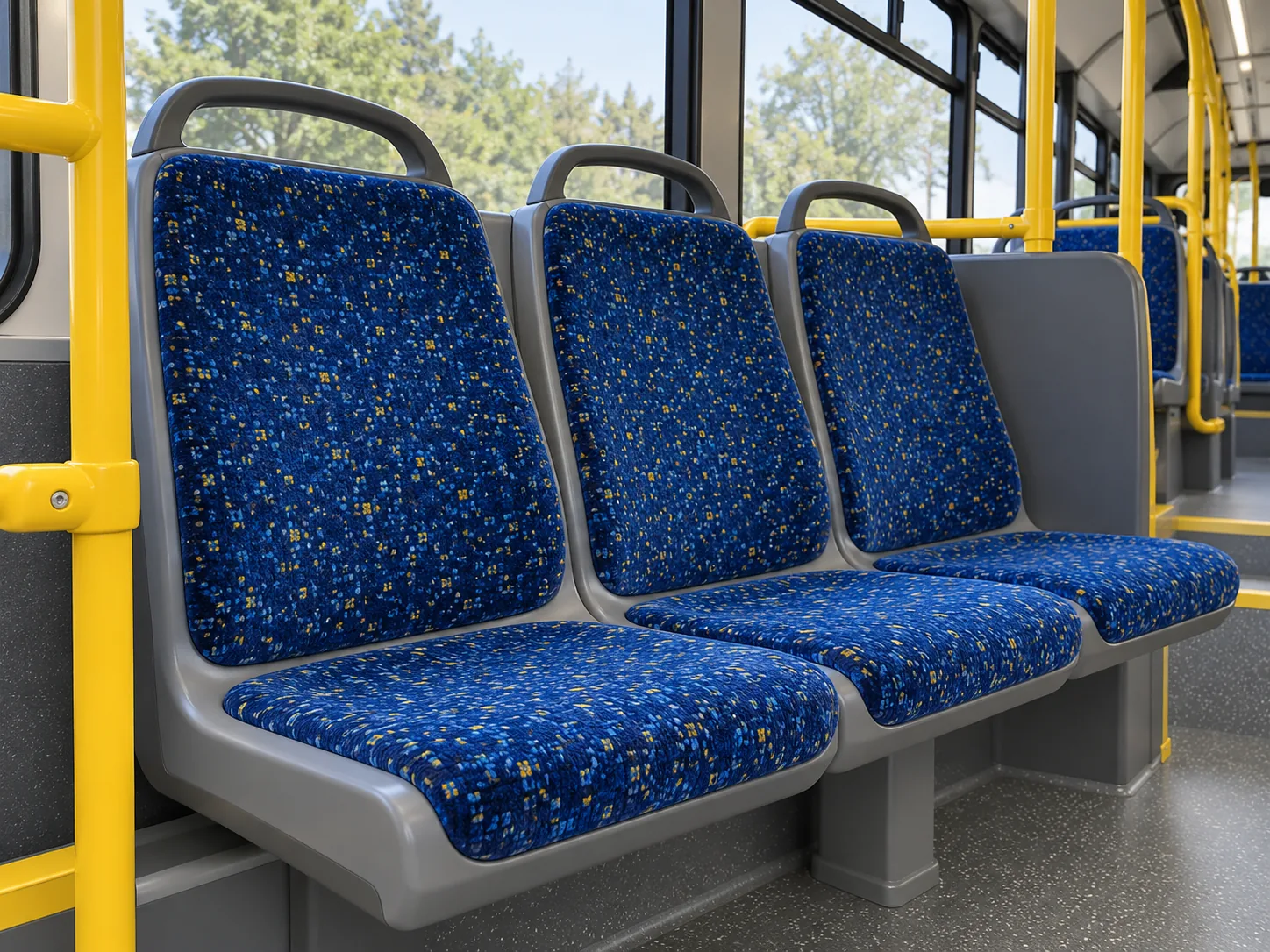 A row of bus seats after repairs, all matching