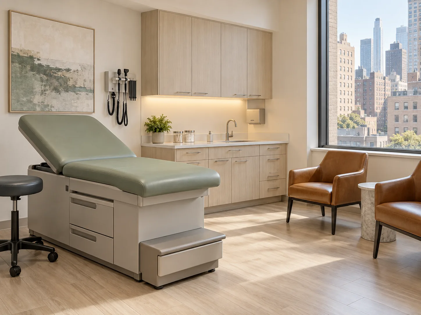 A sage exam table with cognac guest chairs in a sunny exam room