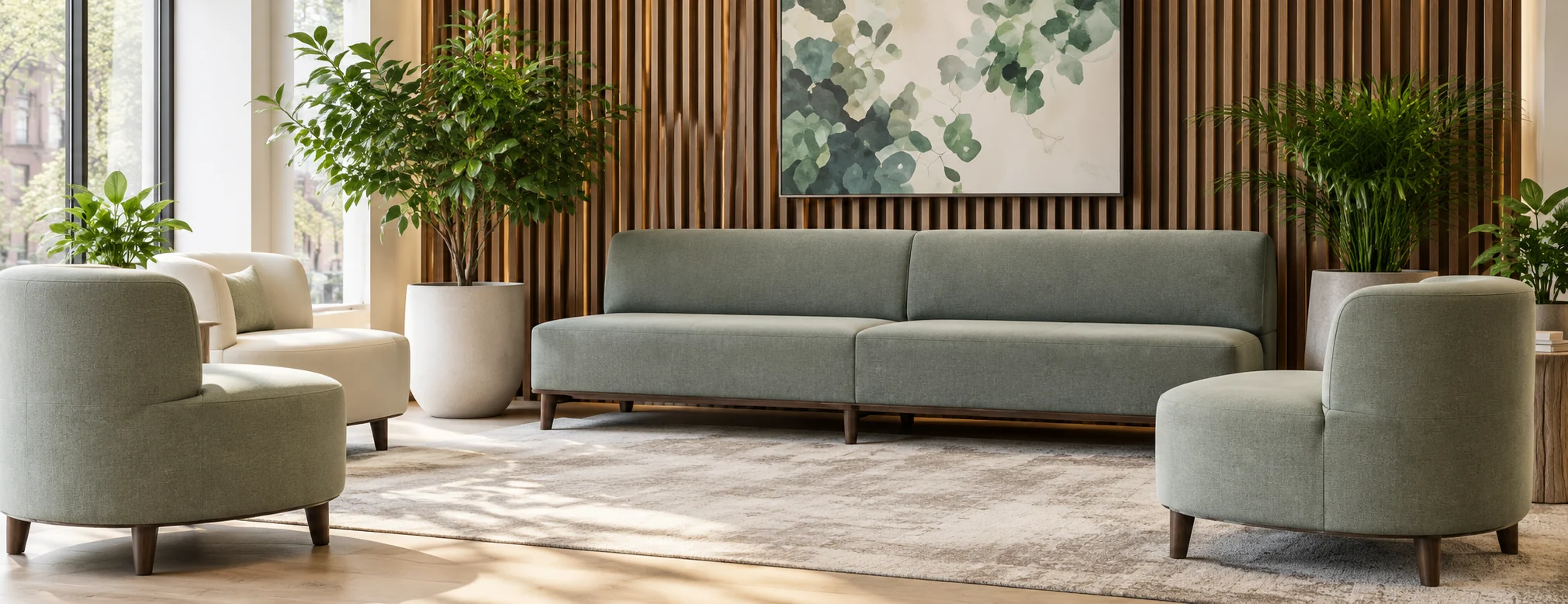 The two matching armchairs from the same sage green lobby