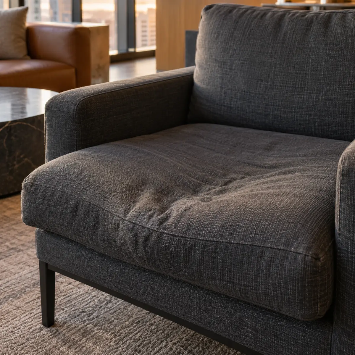 A sagging seat cushion on a charcoal fabric lounge chair