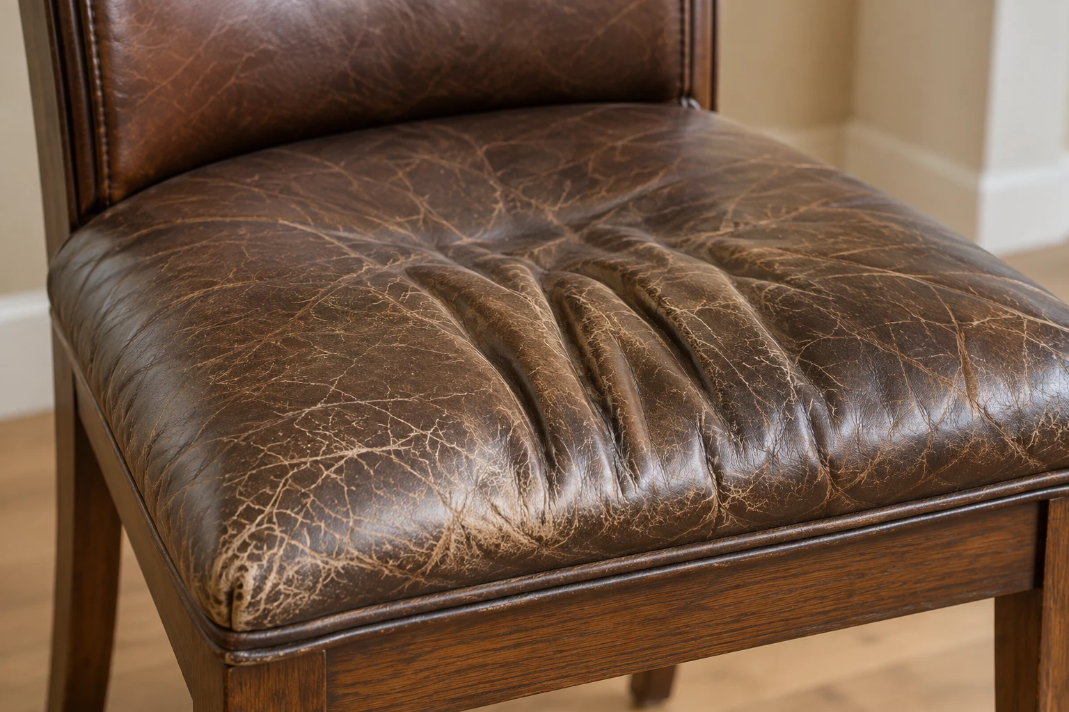 Leather repair Ridgewood NJ: a worn, creased leather dining seat