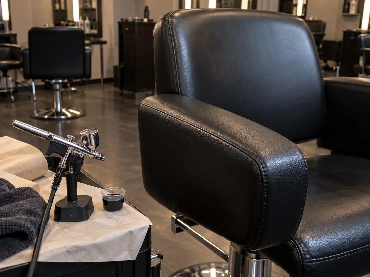 An airbrush on a stand beside a freshly recolored black salon chair