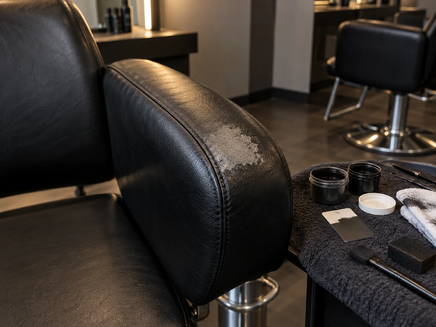 A worn salon chair arm next to restoration colorants and applicators