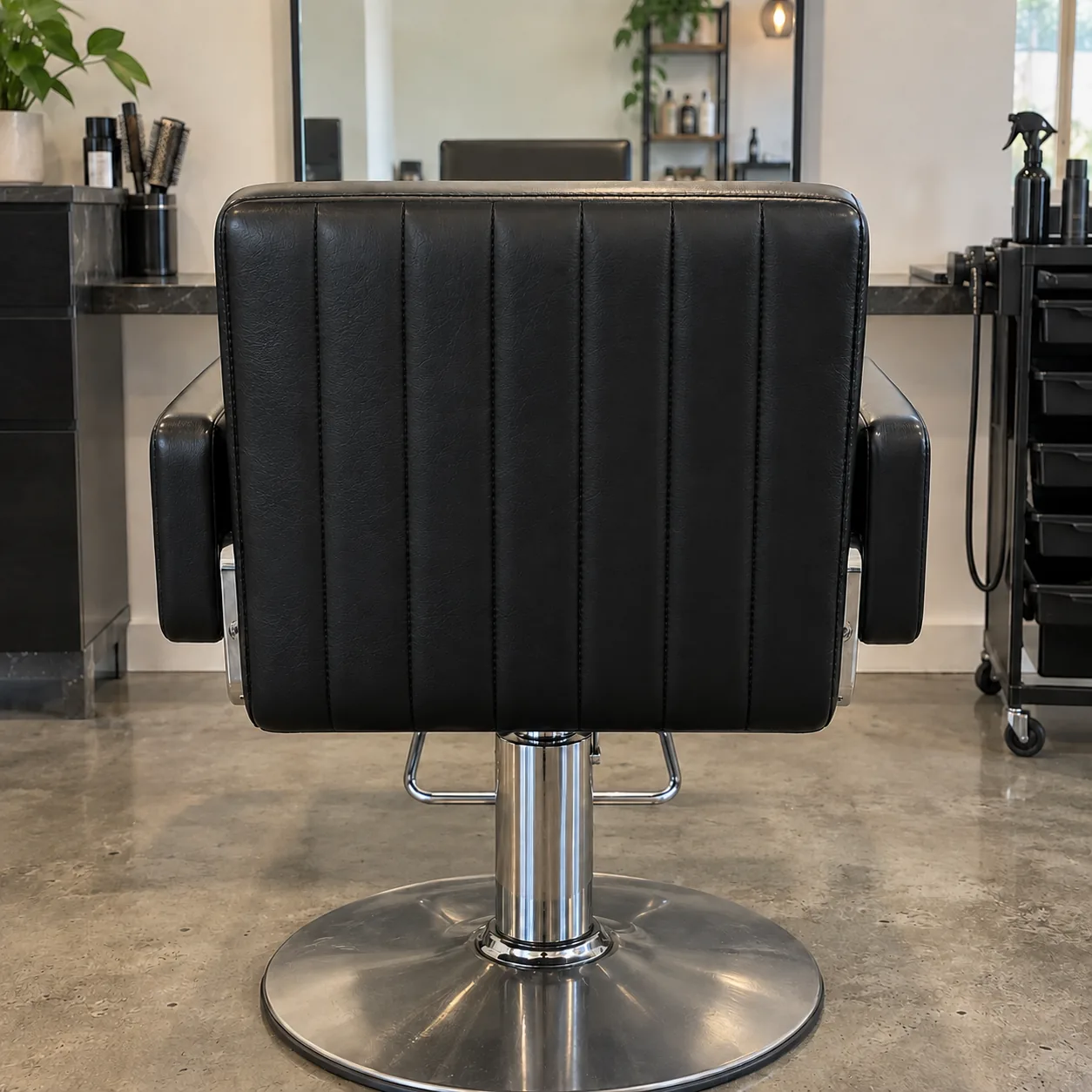 A channel-stitched black vinyl styling chair back