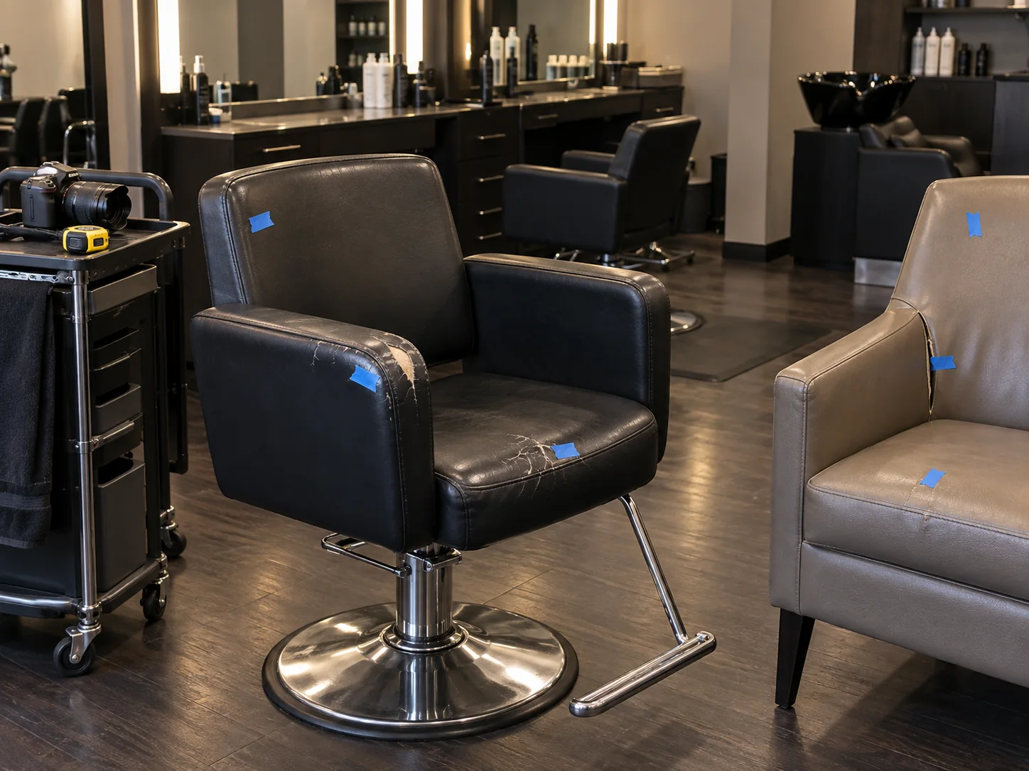 Salon chairs marked with blue tape at each damaged spot during the walkthrough