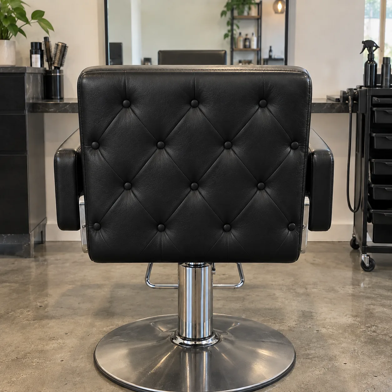 A diamond-tufted black vinyl styling chair back