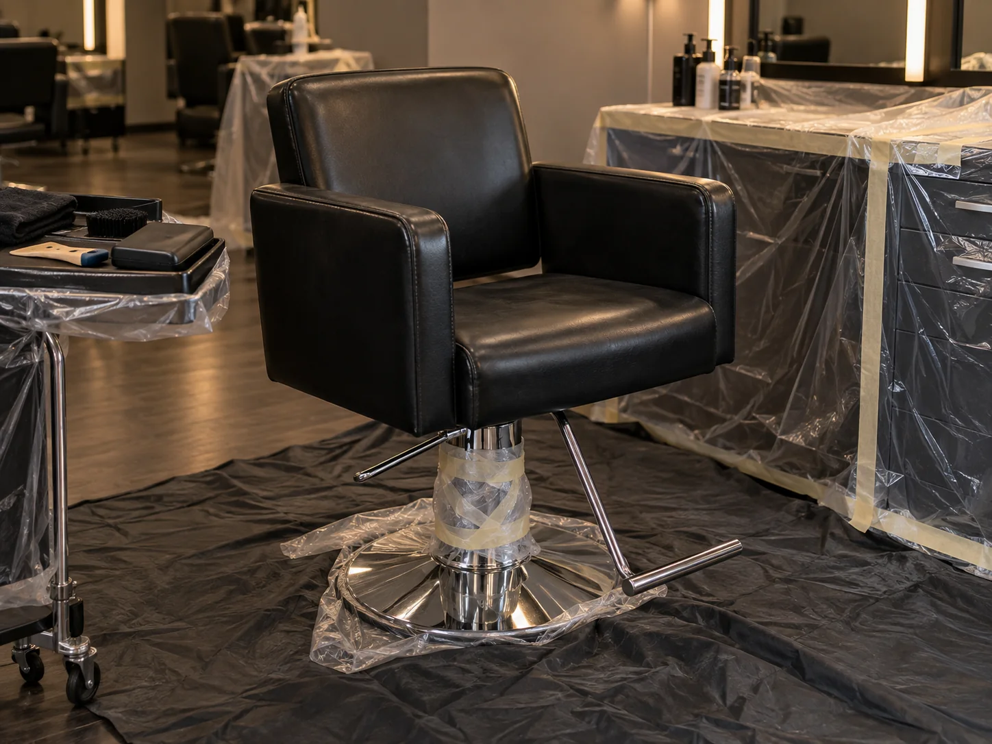 A salon chair on a drop cloth with the station behind it covered in plastic