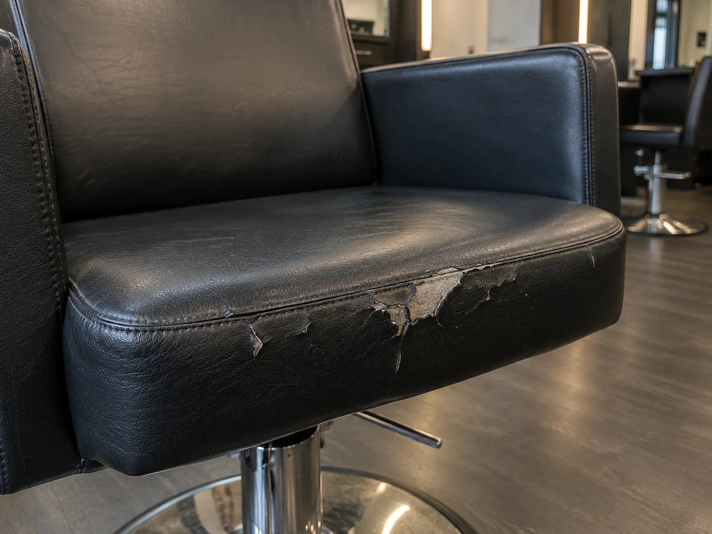 Peeling faux leather on a salon chair seat front