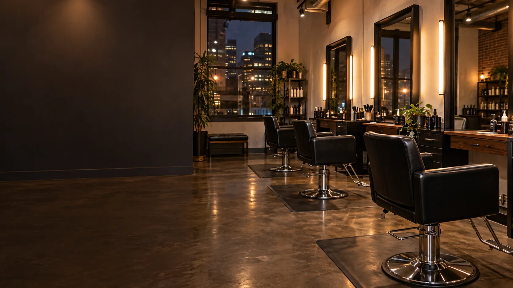 Salon chair reupholstery: black styling chairs at their stations in an NYC salon in the evening