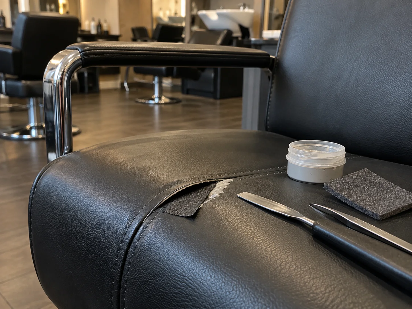 Filler and a spatula on a salon chair seat mid-repair