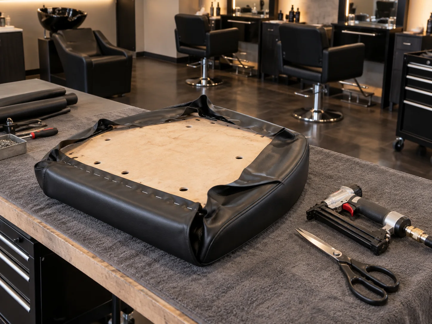 A salon chair seat pad being recovered in black vinyl, staple gun and shears beside it