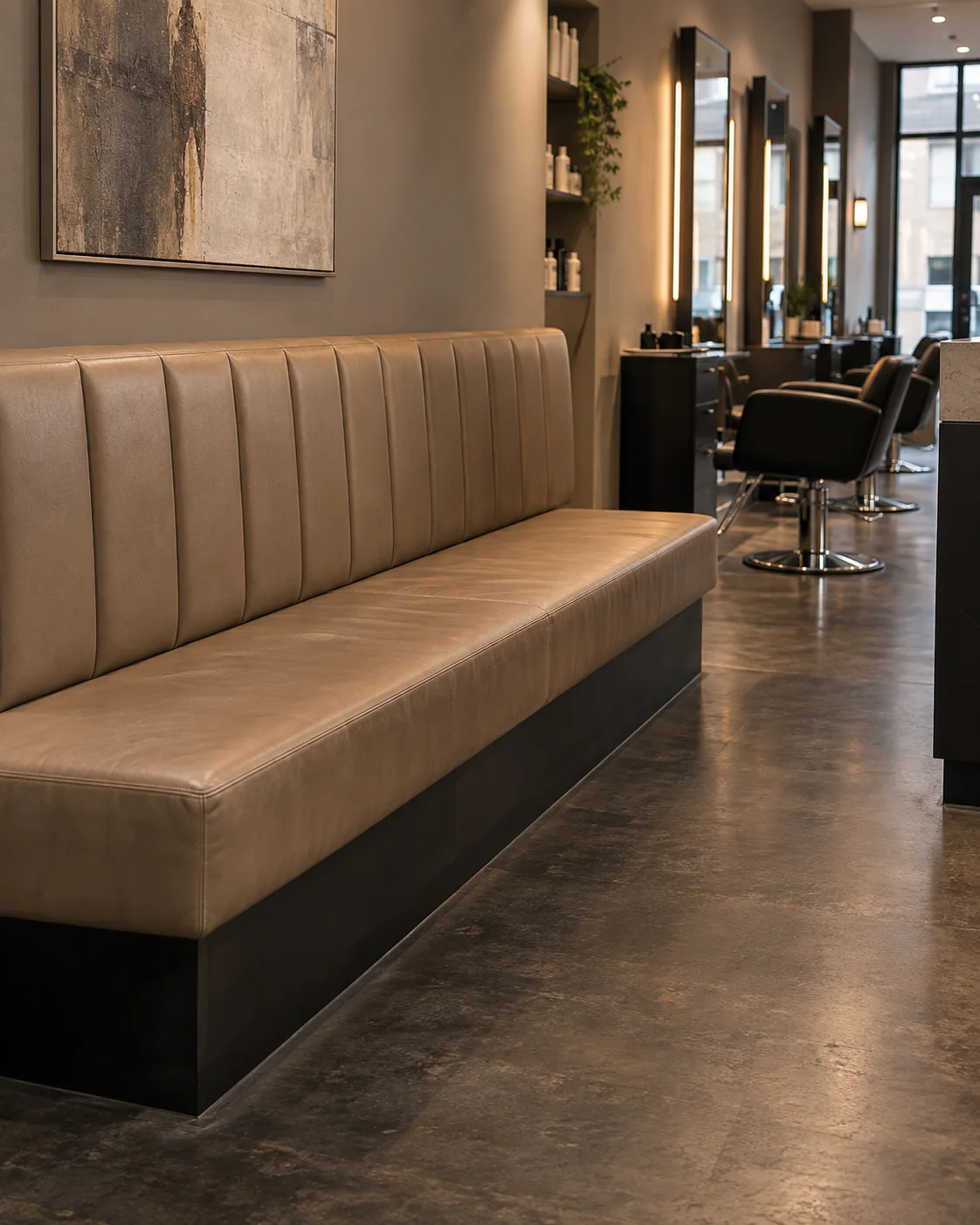 Channel-tufted taupe salon bench along a wall