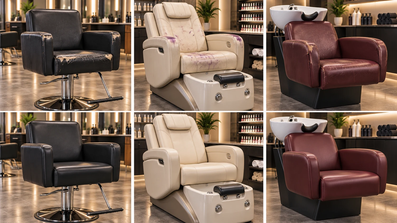 Salon styling, pedicure and shampoo chairs before and after vinyl restoration