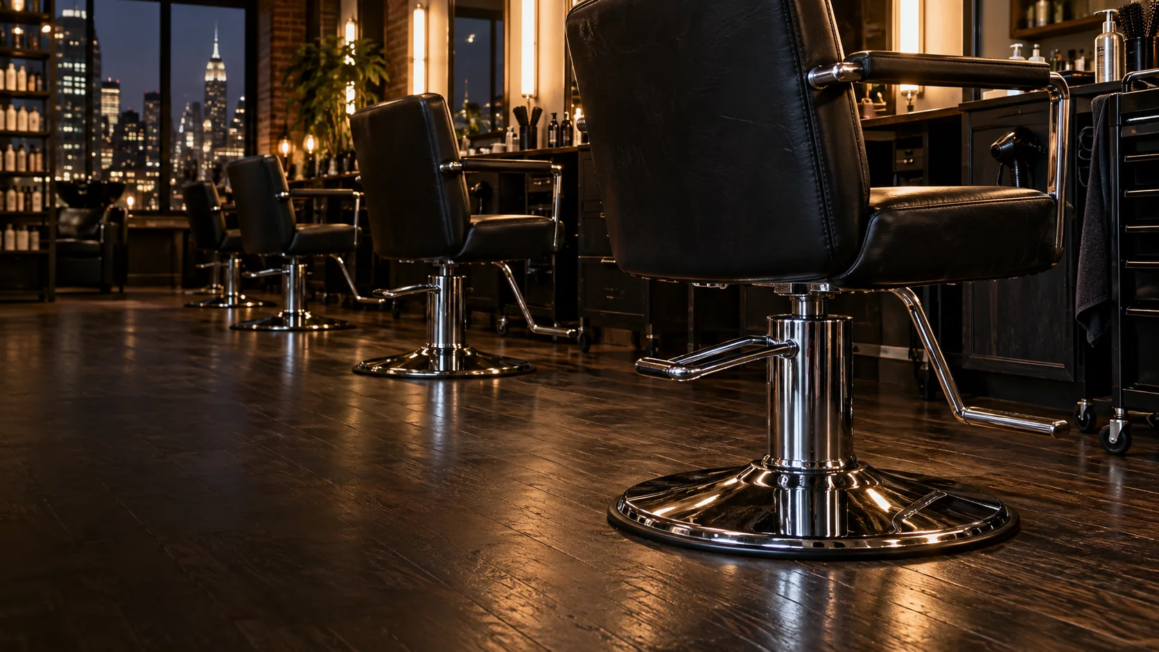 Salon equipment repair NYC — a row of black styling chairs on chrome hydraulic bases in an empty salon after closing