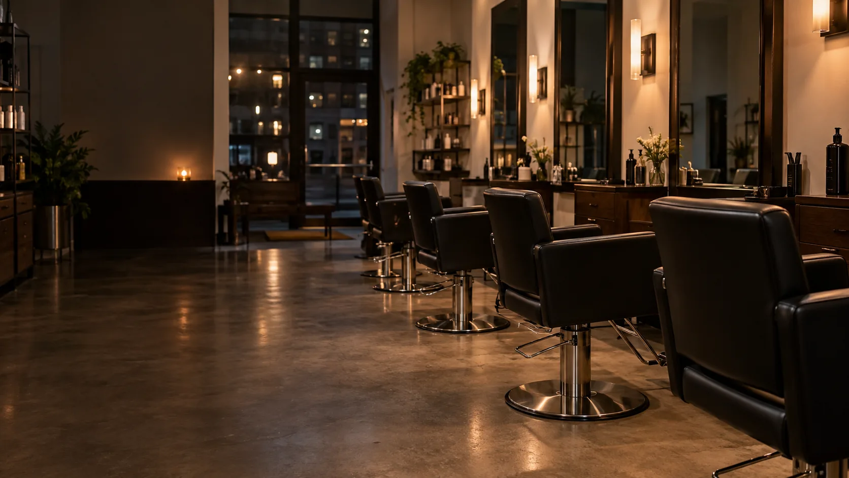 An empty NYC salon in the evening with recovered black styling chairs at every station