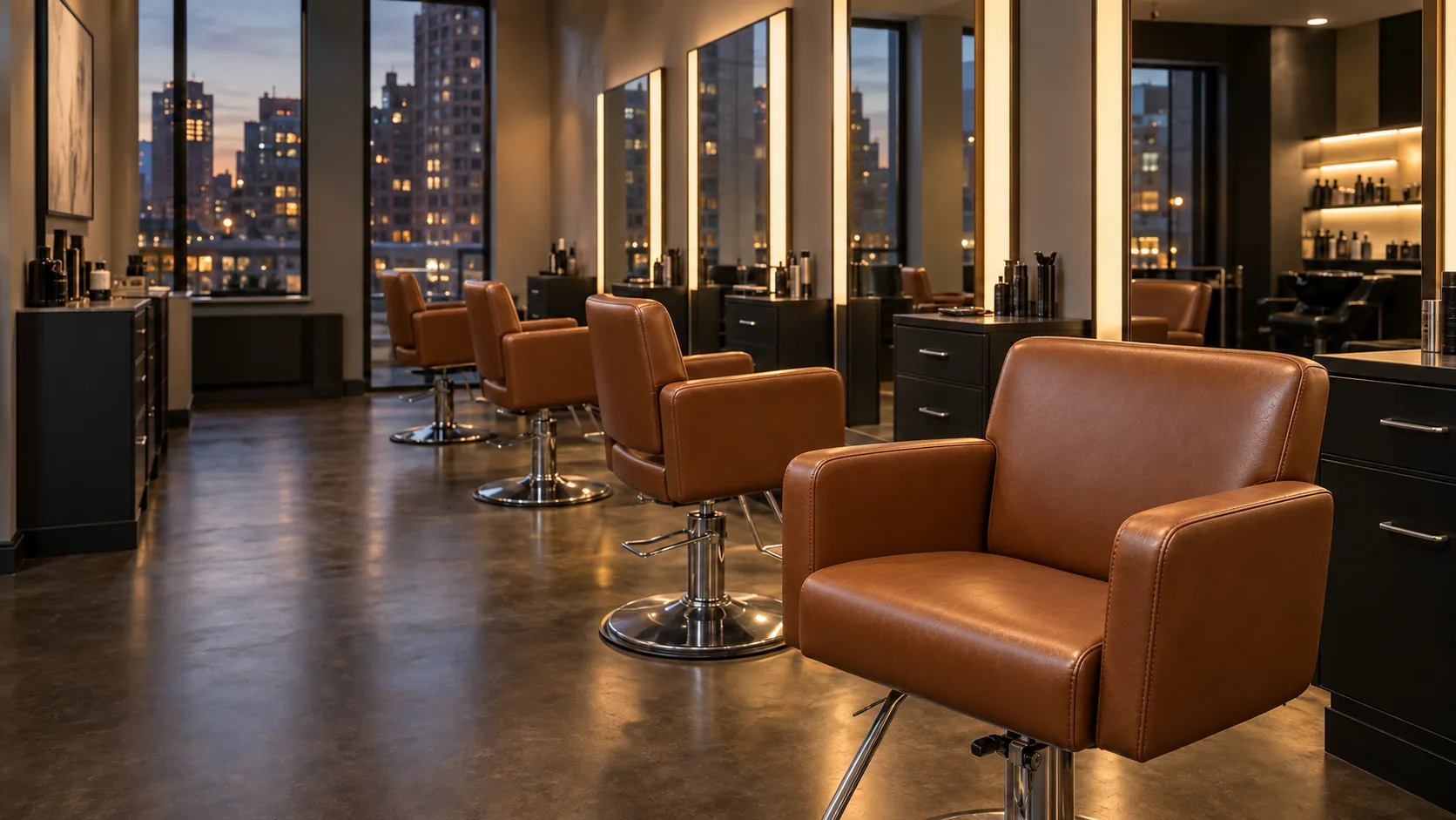 The same salon floor with every styling chair recovered in cognac