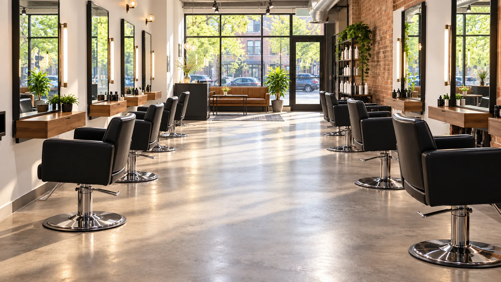 A salon floor in the morning with every styling chair back in place